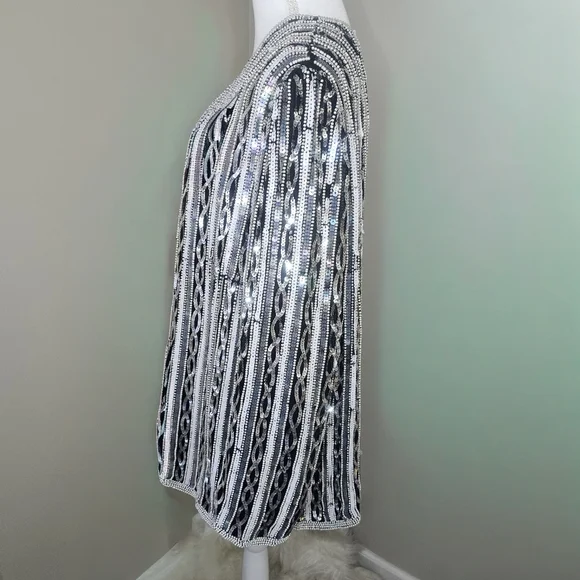 Papell Boutique Vintage 80s Black & Silver Beaded Sequin Silk Evening Jacket - Picture 7 of 13